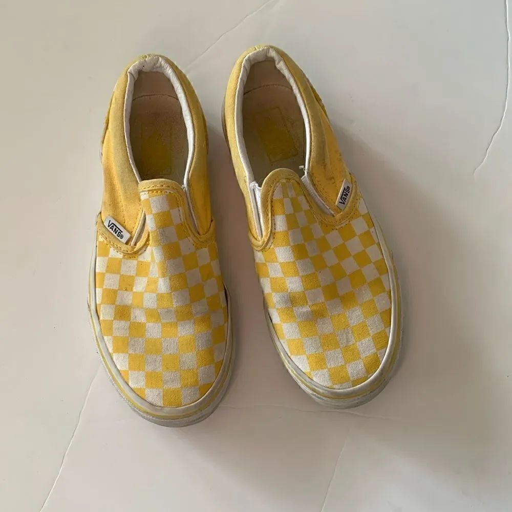 Vans yellow and white checkered printed slip on elastic kids size 3